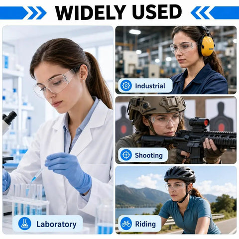 30 Pack Clear Safety Glasses Wrap Around Eye Protection in use at laboratory, industrial site, shooting range, and cycling.