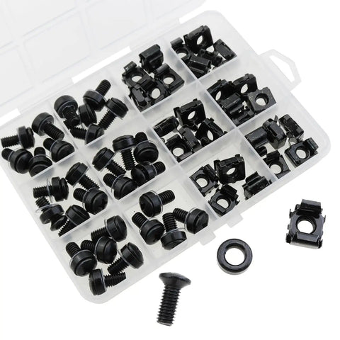 Heavy Duty Rack Mount Snap On Nut Screws With Washers 30 Piece Set displayed in a transparent organizer box for server racks and audio gear.