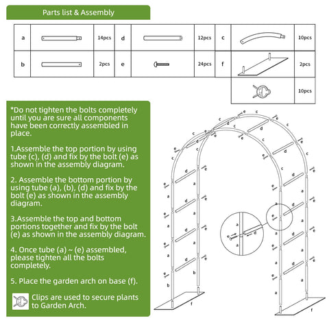 Assembly diagram for Beefy Thickened Metal Garden Arch With Detachable Base 16mm Rust Resistant Tubing