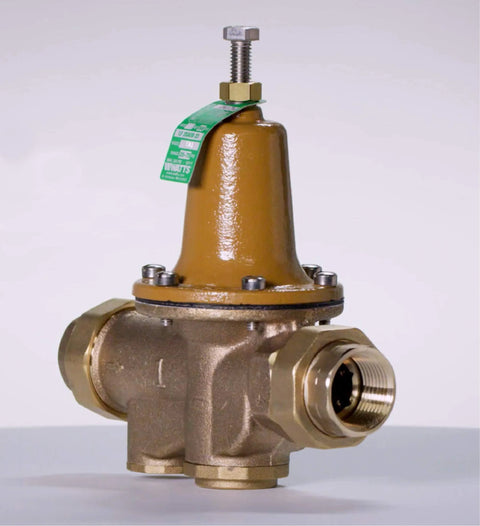 Front view of Watts LF25AUB-Z3 water pressure reducing valve with brass body and yellow bonnet, 3/4 in NPT female union