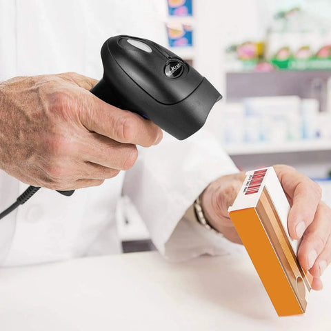 Handheld USB 1D Barcode Scanner With Stand Wired CCD Barcode Reader scanning product at store counter