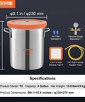 VEVOR 3-Gallon vacuum chamber with stainless steel body and orange lid; front view with silicone pad, hoses, gauge.