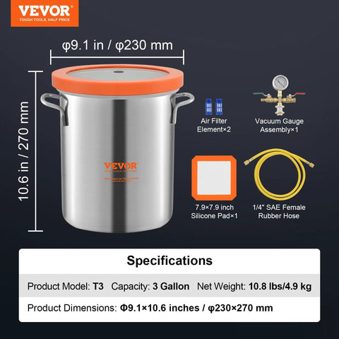 VEVOR 3-Gallon vacuum chamber with stainless steel body and orange lid; front view with silicone pad, hoses, gauge.