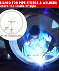 Anblak pipe center finder tool with centering head installed inside a pipe; includes dial bubble protractor.