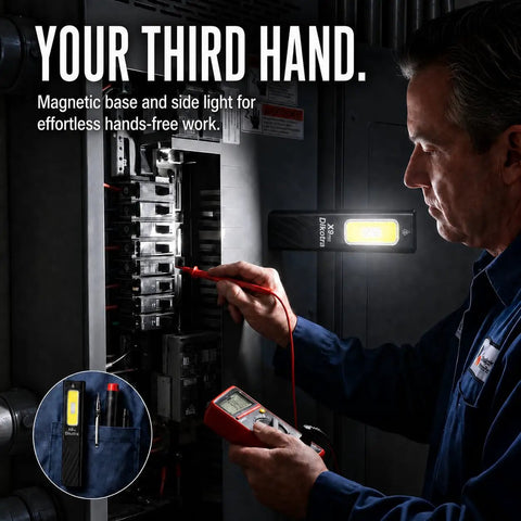 Technician using Ultra Slim EDC Flashlight With 800 Lumen Output, 11 Modes, Dual Switch Operation, magnetic base for hands-free work