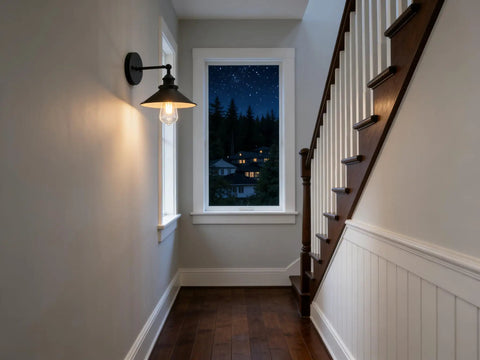 Black Industrial Wall Sconce With 8.1 Inch Metal Shade Vintage Retro Vibe 1 Light Wall Lamp installed in hallway during evening.