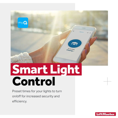 Person using app for Ceiling Or Wall Mounted MyQ LED Garage Light With Remote And Timer To Close, 1500 Lumens, Smart Scheduling