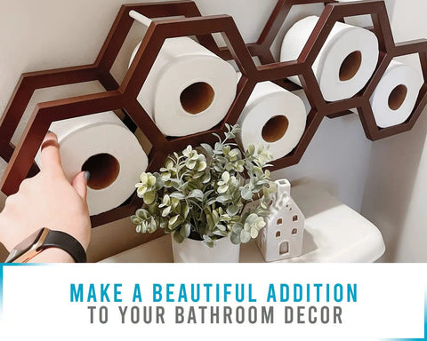 Honeycomb Floating Toilet Paper Holder And Wall Mounted Shelf In Dark Brown Paulownia Wood with decorative plant and rolls