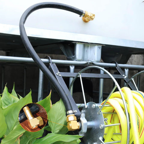 Garden Hose Reel Swivel Elbow Connector Replacement Part With Brass Construction Includes Washers Sealing Rings And Tape For Easy Install Durable Leak Free Hose Reel Accessory installed on hose reel