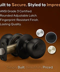 Passage Interior Door Knob Set Matte Black Heavy Duty Modern Handle ANSI Grade 3 Certified Easy Five Minute Install Reversible For Bedroom Bathroom Closets No Locking Mechanism Two Pack displayed with adjustable latch and finish options.