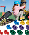 Child climbing tree with 12 Piece Large Ninja Tree Climbing Holds Kit For Kids, 6 ratchet straps, bright 5 color rocks in outdoor setting