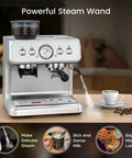 No Sweat Home Espresso Maker With Heavy Duty Grinder And Clog Buster Chamber Includes Quick Steam Milk Frother Wand And Turbo Heat Boiler For Deep Lattes And Frothy Cappuccinos In Urban Silver with powerful steam wand for rich milk.