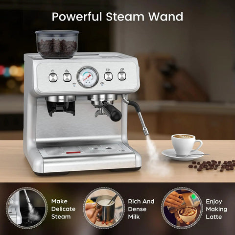 No Sweat Home Espresso Maker With Heavy Duty Grinder And Clog Buster Chamber Includes Quick Steam Milk Frother Wand And Turbo Heat Boiler For Deep Lattes And Frothy Cappuccinos In Urban Silver with powerful steam wand for rich milk.