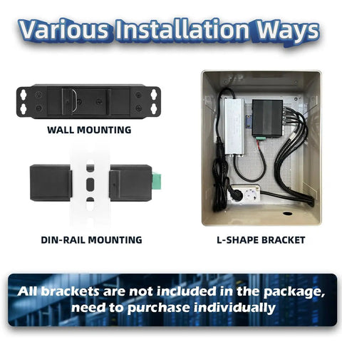 Installation options for Rugged Five Port Gigabit Ethernet Switch, showing wall and DIN rail mounting with L-shape bracket