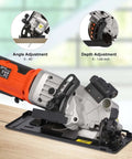 Side view of Yunirvana mini circular saw with laser guide, vacuum adapter, base plate, and two 4-1/2in blades.