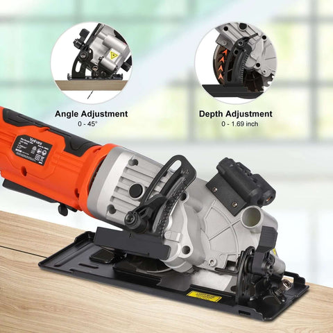 Side view of Yunirvana mini circular saw with laser guide, vacuum adapter, base plate, and two 4-1/2in blades.