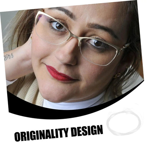 Woman wearing half rim glasses, showcasing design; inset image of thread from Half Frame Glasses Thread Replacement Kit For Eyeglasses, Eyewear Repair String And Nylon Temple Tips Lanyard, Quick Fix Solution For Half Rim Specs, Easy Grab And Go Repair Accessory.