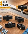 Four Pack Quarter Twenty Thru Knobs For T Track Woodworking Jigs featuring black ergonomic knobs with brass inserts for precision clamping.