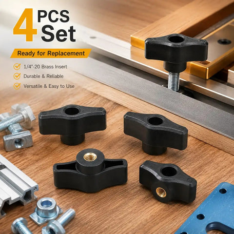 Four Pack Quarter Twenty Thru Knobs For T Track Woodworking Jigs featuring black ergonomic knobs with brass inserts for precision clamping.