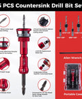 5 Piece Countersink Drill Bit Set with Allen Wrench and Portable Case, showing bits and features for carpentry and DIY.