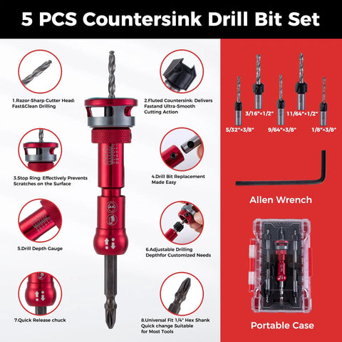 5 Piece Countersink Drill Bit Set with Allen Wrench and Portable Case, showing bits and features for carpentry and DIY.