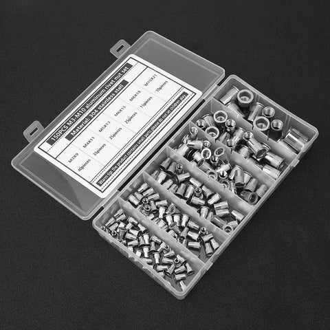 Rivet Nut Set 150 Pcs Stainless Steel 304 M3 To M10 Fastening Hardware Kit in transparent storage box displaying nuts