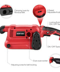 Beast 7 Amp Belt Sander With Six Variable Speed Settings and features labeled, red design, 3x18 inch, includes 20 sanding belts and more.
