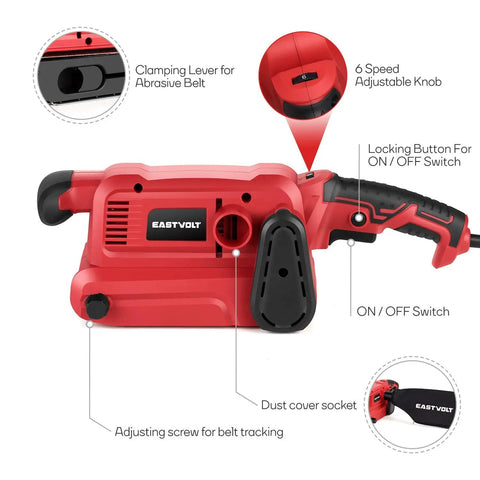 Beast 7 Amp Belt Sander With Six Variable Speed Settings and features labeled, red design, 3x18 inch, includes 20 sanding belts and more.