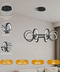 Dope Modern LED Chandelier With Six Black Ring Pendant Lights shown in living room setup, black finish, adjustable cords, 6000K light.