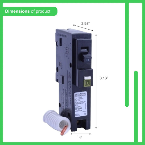 Homeline 15 Amp 1 Pole 120V CAFI CAFCI Circuit Breaker dimensions and pigtail neutral in green frame