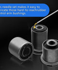 Grease Gun Needle Tip Kit with bent and straight nozzles lubricating control arm bushings in tight spaces.