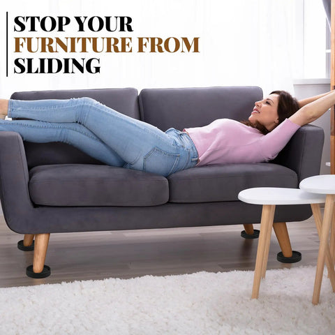 Four Pack Three Inch Round Rubber Furniture Caster Cups Delivering Real Floor Defense With Scratch Safe Cushioning and Dead Stop Grip under couch.