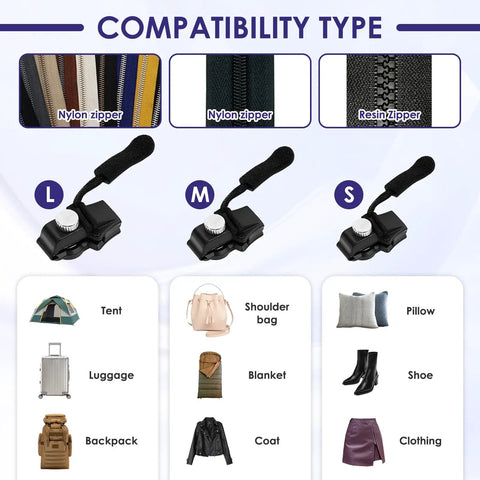Universal Zipper Repair Kit With 36 Replacement Sliders In Three Sizes Black compatibility chart for zippers and items