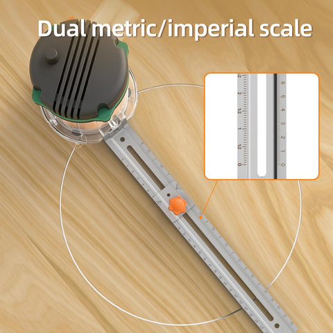 Heavy Duty Stainless Steel Router Circle Cutting Jig With Adjustable Depth And Universal Fit For Most Dust Covers Delivers Knockout Precision On Woodworking Projects Dang Simple Setup showing dual metric/imperial scale for precise measurements.