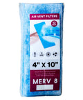 Vent Filters For 4x10 Floor Registers, MERV 8 Electrostatic Triple Filtration, 12 Pack shown in packaging