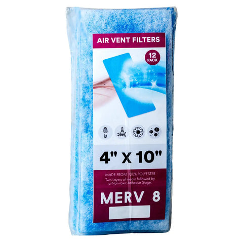 Vent Filters For 4x10 Floor Registers, MERV 8 Electrostatic Triple Filtration, 12 Pack shown in packaging