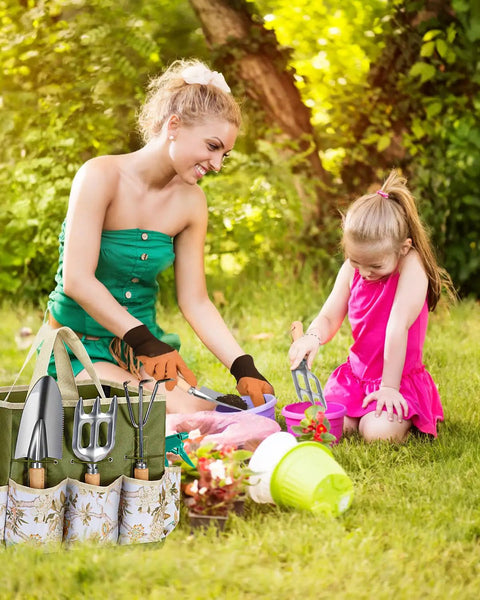 Mother and daughter gardening with 9-Piece Premium Gardening Tool Set For Women With Heavy Duty Stainless Steel Rust-Proof Tools And Fashion Tote