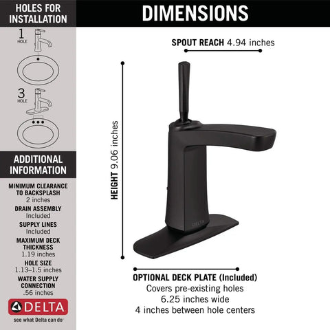 Vesna Single Hole Bathroom Faucet With Single Handle Chrome Finish fits 1 or 3 hole sinks with deck plate, matte black details