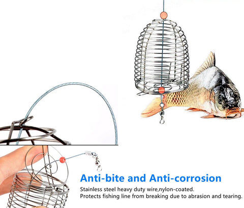 Set Of 10 Carp Fishing Bait Cage Feeder Baskets Stainless Steel Lure Holder Kit With Sizes S M L for coarse fishing shown.
