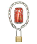 Tough As Nails Cut Proof Security Chain For Outdoor Gates Fences And Yards Crafted From Ultra Hardened Alloy Steel with padlock and soda can.