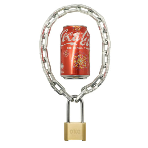Tough As Nails Cut Proof Security Chain For Outdoor Gates Fences And Yards Crafted From Ultra Hardened Alloy Steel with padlock and soda can.