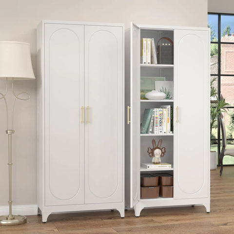 Tall White Metal Pantry Cabinet With Door 75 Inch High Kitchen Storage Cupboard With Adjustable Feet in living room