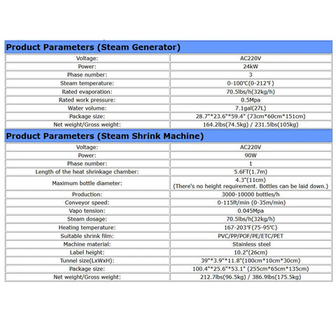 Heavy Duty Steam Bottle Sleeve Label Shrinking Machine With 5.6FT Heat Tunnel And 24KW Generator specifications table
