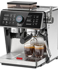 Straight Fire Dual Boiler Espresso Machine With Integrated Grinder And 58Mm Portafilter For Semi Auto Brews Smart TFT Display showing espresso being brewed into two glasses.