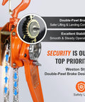 Heavy Duty Manual Lever Hoist 1.5 Ton 3300 Lbs 10 Ft Come Along Hand Chain Hoist G80 Carbon Steel Weston Brake with safety features.