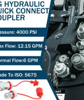 Three Eighths NPT Ag Hydraulic Quick Connect Coupler ISO 5675 Poppet Pioneer Style Tractor Coupler With Dust Caps shown installed.
