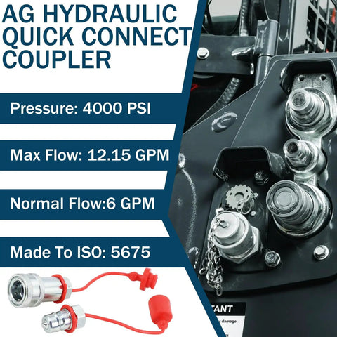 Three Eighths NPT Ag Hydraulic Quick Connect Coupler ISO 5675 Poppet Pioneer Style Tractor Coupler With Dust Caps shown installed.