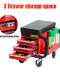 Tool Box With Built In Creeper Seat And Three Drawer Heavy Duty Tool Chest On Four Rolling Casters For Garage Shop Roller Seat And 350 Lb Capacity Sturdy Steel Construction, showing open drawers and storage space.