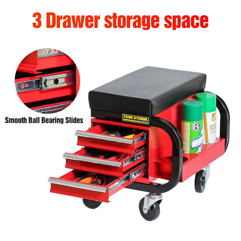 Tool Box With Built In Creeper Seat And Three Drawer Heavy Duty Tool Chest On Four Rolling Casters For Garage Shop Roller Seat And 350 Lb Capacity Sturdy Steel Construction, showing open drawers and storage space.