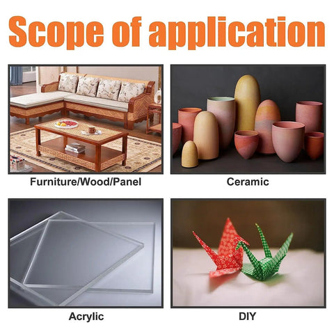 Image illustrating the applications of Heavy Duty Oily Glue 150ml Universal Super Glue Triple Pack for various materials.